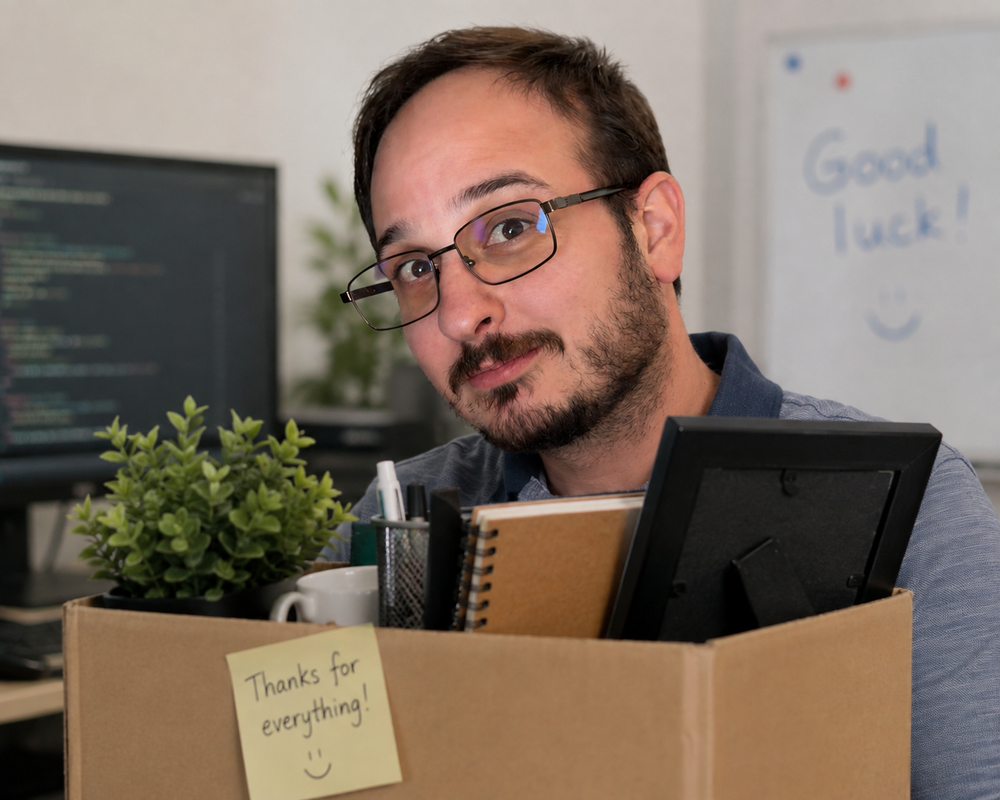 Illustration of Dénes Gombis waving goodbye to the office